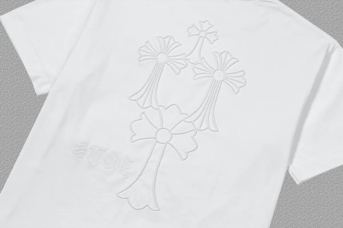 🅿️200 [CH Crow Heart] 2025FW short-sleeved T-shirt, arch bridge embroidery, high-end 26s double yarn 300g fabric, heavy fabric, custom stretcher rib, same cylinder and dye, complete three standards, same style for men and women, color: black, white, size: S M L XL 2XL